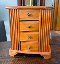 Vintage Mele Wooden Tabletop Jewelry Box Armoire Oak Color Ornate Handles