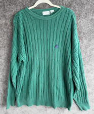 Vintage Izod Cable Knit Sweater Mens Large Green USA Made Cotton Pullover Flaw*