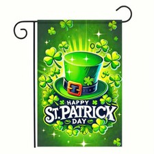 Happy St Patricks Day Garden Flags for Outside Irish Hat with Shamrocks Sparkles