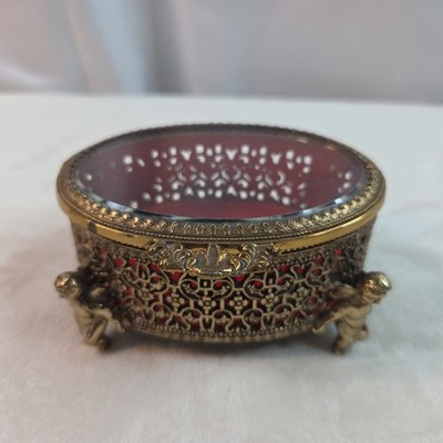 Vntg Cherub Footed Oval Jewelry Trinket Box Brass Filigree Hinged Ormolu Glass