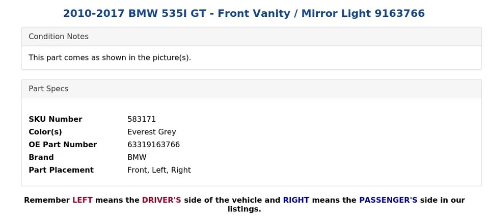 BMW 535I GT 2010-2017 - luz de tocador/espejo delantero 9163766 Foto 4 de 4