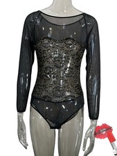 Victoria  s Secret Bodysuit Medium Gold Label Black Sheer Long Sleeve Lace 90s