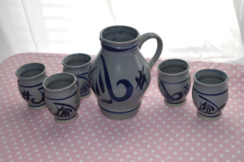 Vintage Handmade German Salt Glaze Stoneware Set of Pitcher & 5 Cups