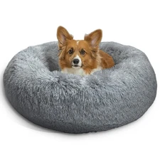 Best Friends by Sheri Calming Donut Dog & Cat Bed, Shag Faux Fur, Gray, 30x30in