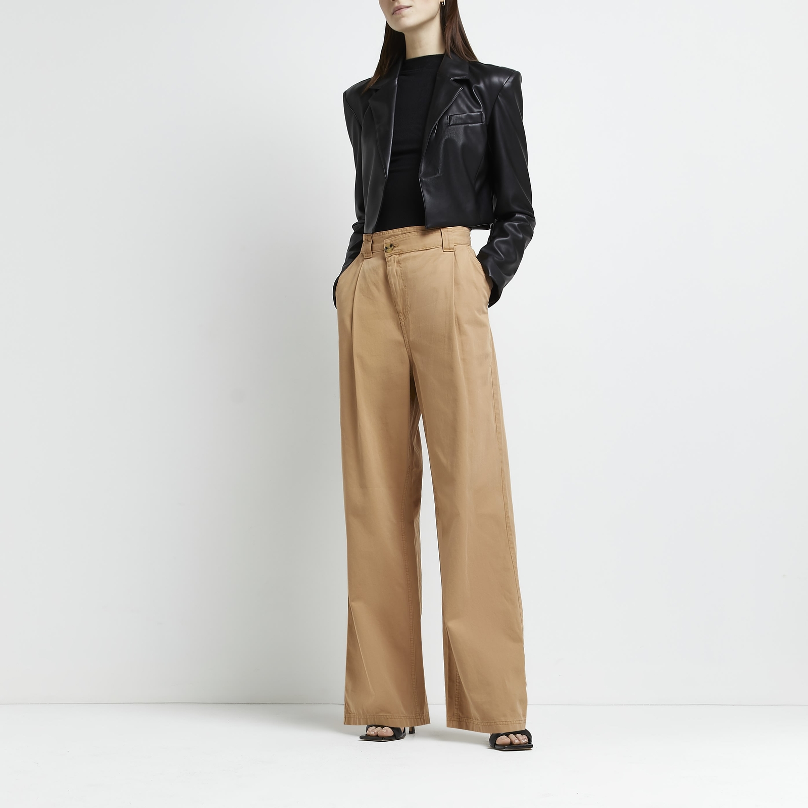 River Island Womens Trousers Beige Wide Leg Pants Pleated Casual Bottom |  eBay