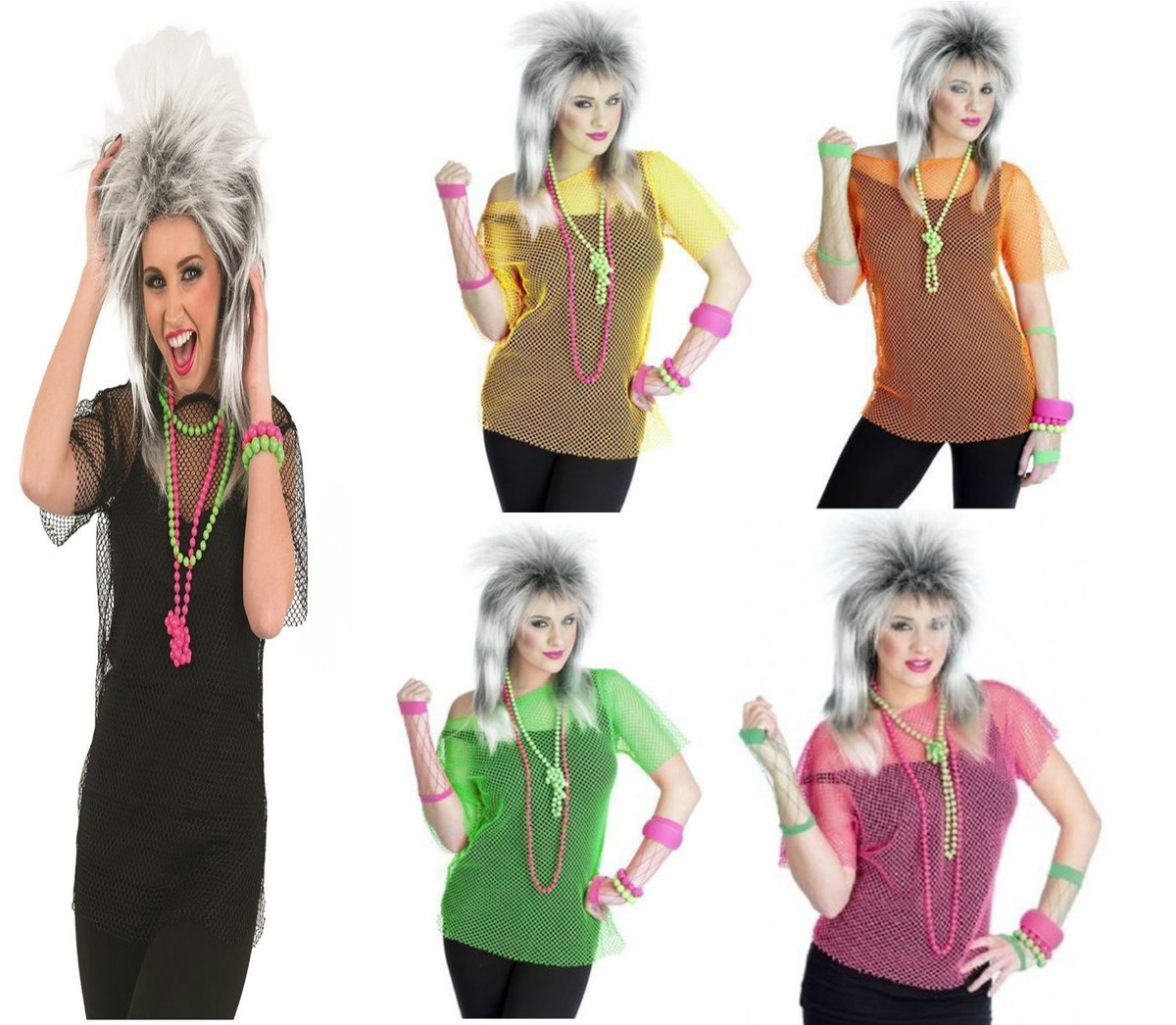 DÉCADA DE 1980 SEÑORA PUNK ROCKER MALLA DE PESCA CAMISETA TOP VESTIDO ELEGANTE DISFRAZ