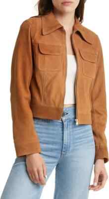 Women's Brown Real Suede Leather Short Biker Jacket Cropped Jacket With Pockets