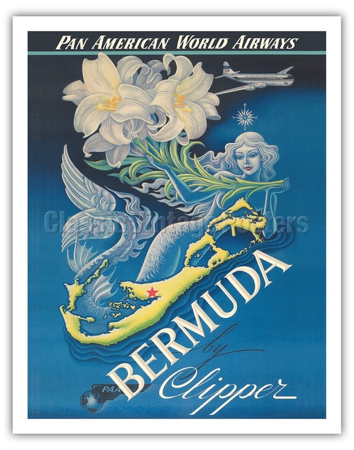 Bermuda by Clipper Pan American 1947 Vintage Airline Travel Poster