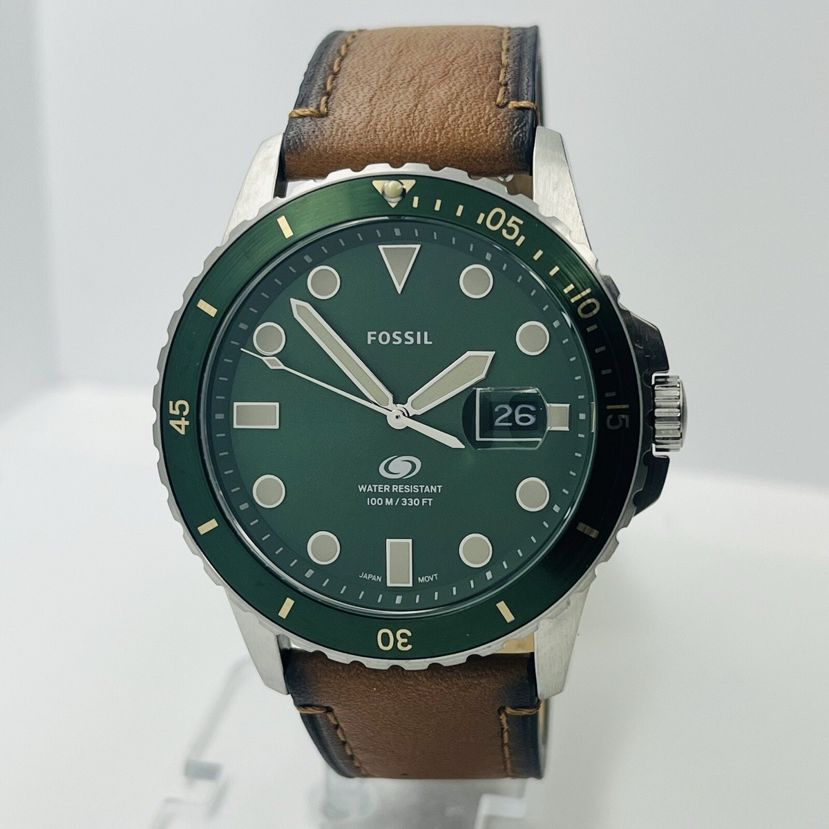 Fossil Men's GREEN Dial Stainless Steel Silver 42mm Brown Leather Watch  FS5946