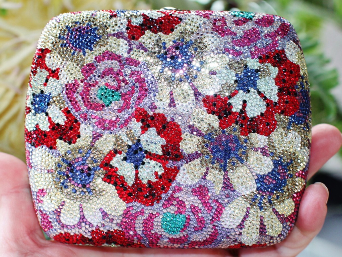JUDITH LEIBER SWAROVSKI CRYSTAL FLOWER BURST MINAUDIERE CLUTCH BAG