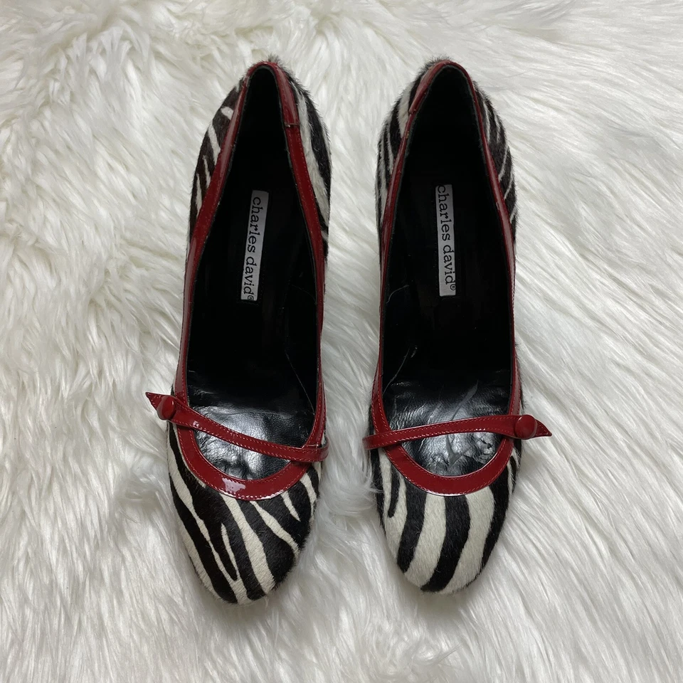 Tacones de charol de piel de cebra negros/blancos Charles David para mujer talla 6,5 Foto 2 de 4
