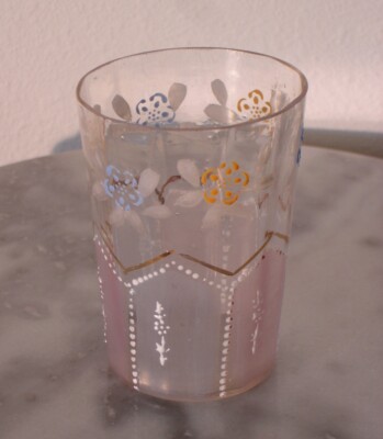 Victorian Art Glass Tumbler Clear Colorless Satin Enamel Decor Gilded