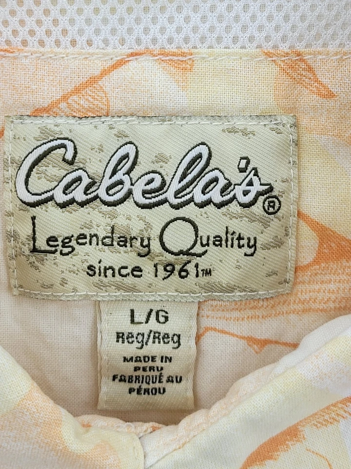 Cabelas Shirt Mens Large Tan Orange Fish Print Short Sleeve Button Up Pockets - Image 3 of 4
