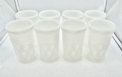 Set 8 Vintage Milk Glass Tumblers Thumbprint Pattern Drinking Glasses White
