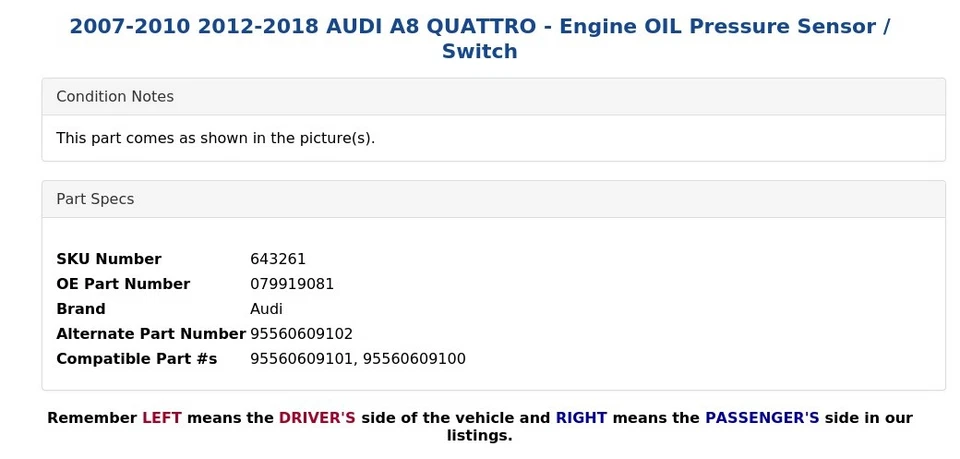 2007-2010 2012-2018 AUDI A8 QUATTRO - Engine OIL Pressure Sensor / Switch - Image 4 of 4