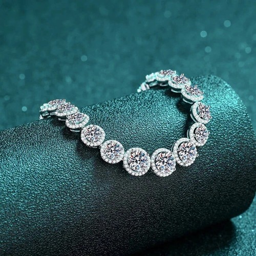 9ct Halo Solitaire Lab Grown Diamond Tennis Bracelet 14K White Gold Over 7" - Picture 2 of 3
