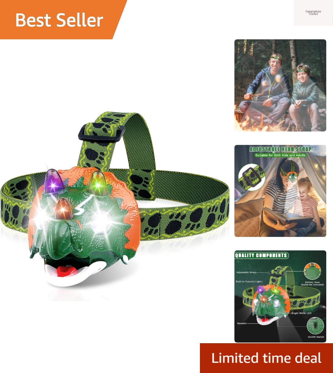 Triceratops LED Headlamp - Dinosaur Headlamp for Kids Campin