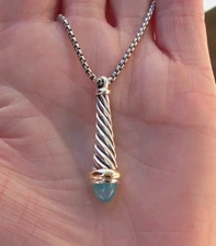 Rare & Retired David Yurman Waverly Drop Chalcedony Pendant w/Chain - 14K/925