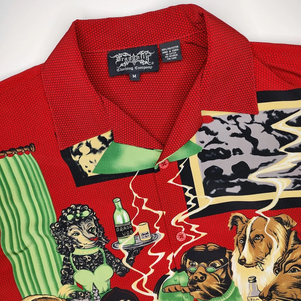 Vintage Dragonfly Shirt Mens Medium Red Dogs Poker Smoking Bowling Button Up - Image 3 of 4