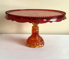 L.E. Smith  Amberina Moon & Stars Scalloped Edge Skirted Cadmium Cake Stand