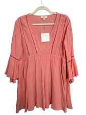 Umgee Dress Medium V Neck Bell Sleeve Babydoll Mini Lace Inset Feminine NEW