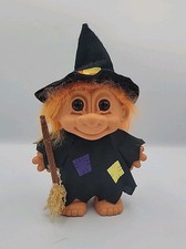 Vintage Russ Troll Doll Halloween Wicked Witch With Broom, Orange Hair