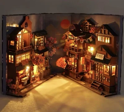 CUTEBEE DIY Japanische Bücherecke Kit Holz Miniatur Puppenhaus mit Licht ewiges Geschenk