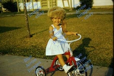 1950s 35mm Red Border Slide AMF Junior Tricycle Coonskin Hat Girl #3795