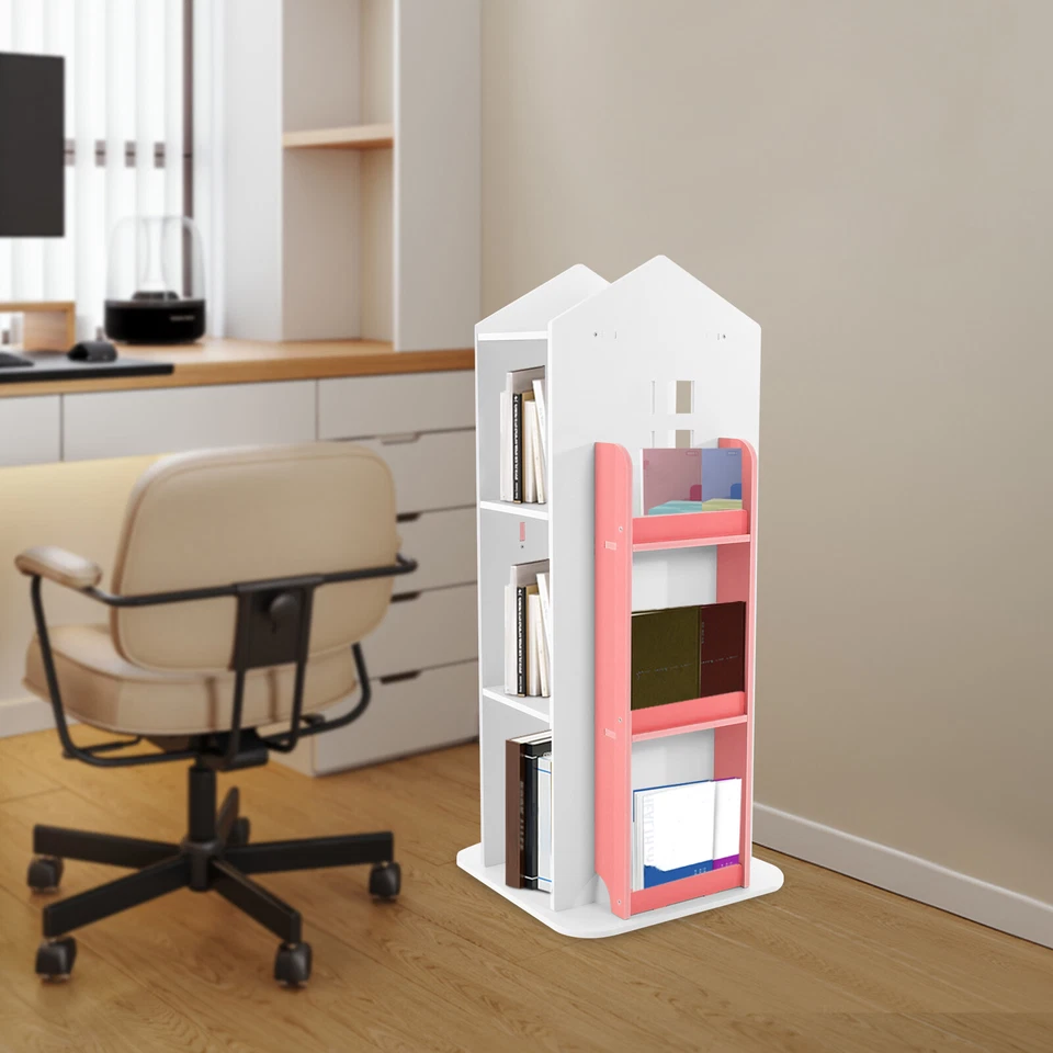4 Tiers 360° Kids Pink Castle Rotating Bookshelf Floor Mount For Small Space - Image 3 of 4