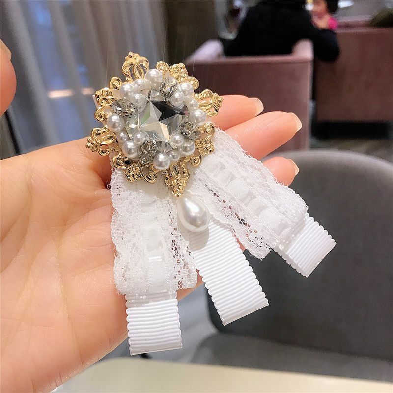 Women Lace Ribbon Brooch Rhinestone Pearl Necktie Pin Elegant Dress Bow  Brooches