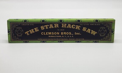 VINTAGE Star Hack Saw Tin Clemson Bros Industrial Advertising Tin 10.75'' x 2.5''