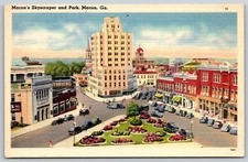GA Macon Skyscraper & Park Macon Linen Postcard
