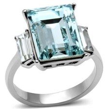 Radiant Cut Light Blue Aqua AAA CZ Stainless Steel Engagement Rectangle Ring
