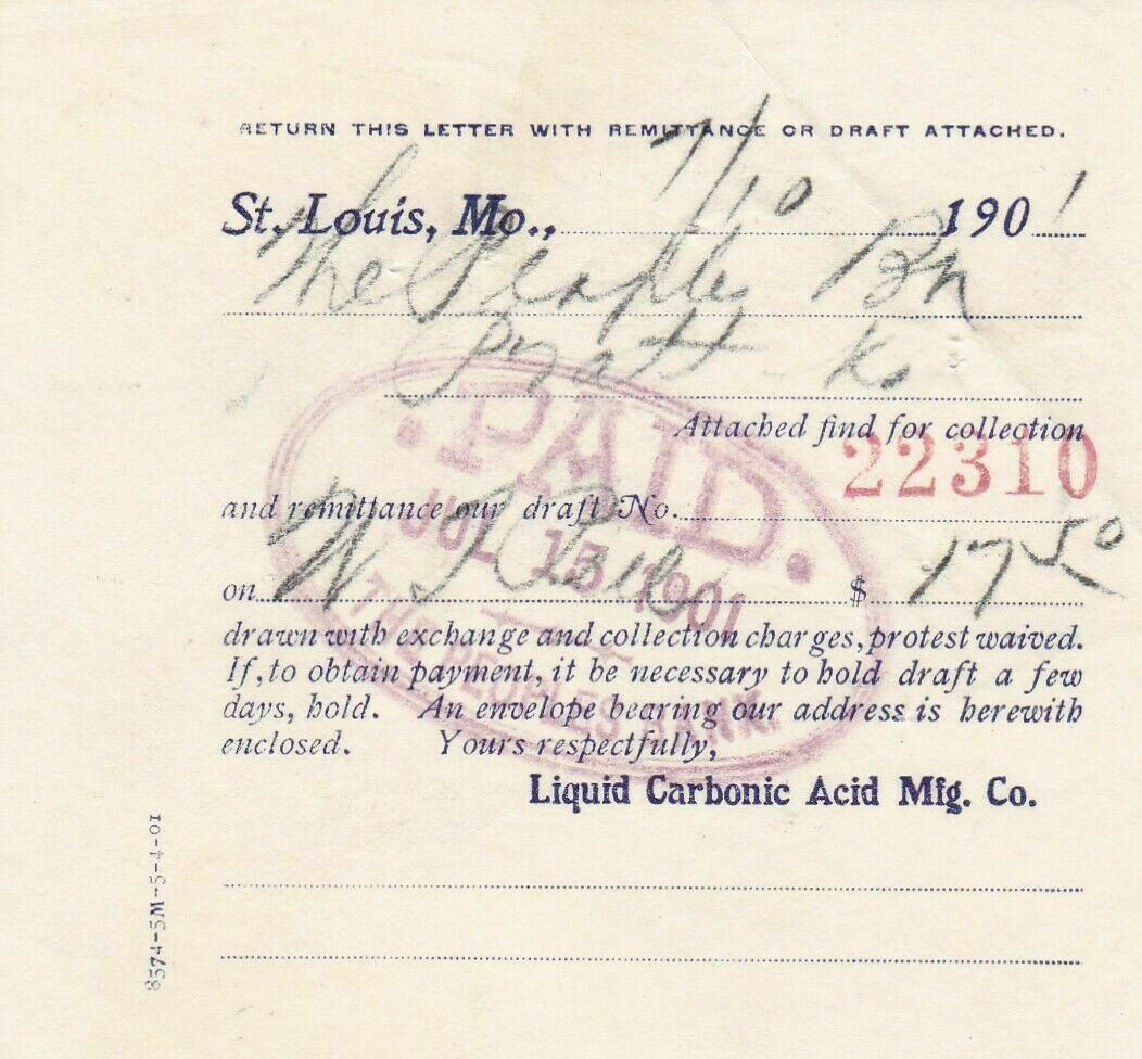 U.S. Liquid Carbonic Acid Manufacturing Co. St. Louis 1901 Paid Invoice Rf 41300
