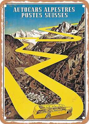 METAL SIGN - 1930 Alpine postal coaches in Switzerland Vintage Ad