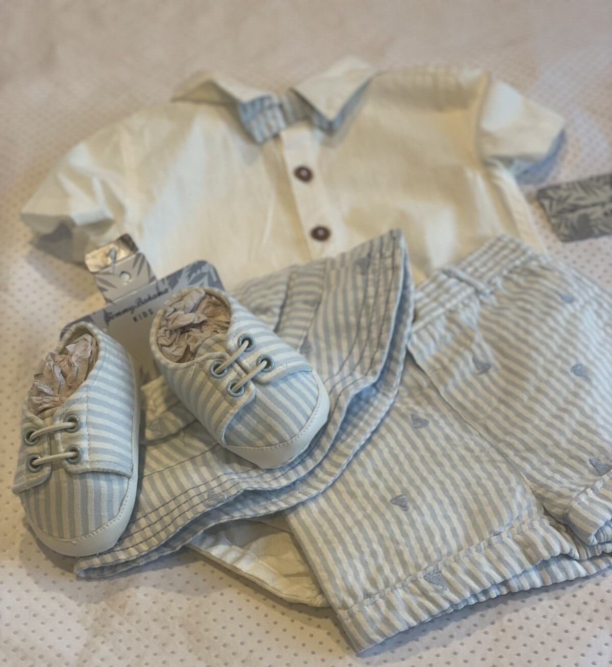 PONY TOMMY BAHAMA KIDS 6 9mo 3pz insieme: camicia e pantaloncini Snap SS•Cappello•Scarpe culla nuove con etichette