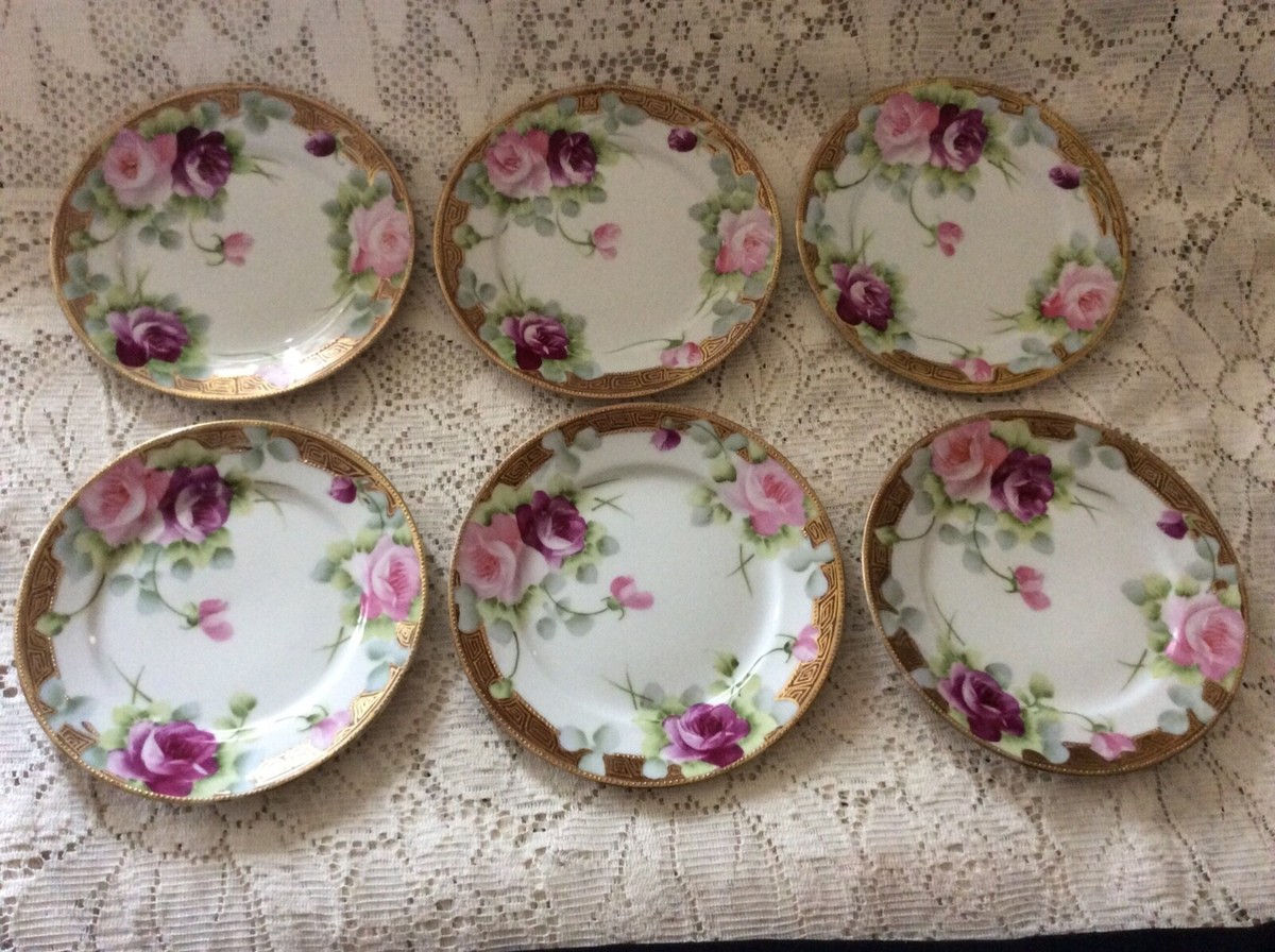 Set Of 6 Hand-Painted Nippon Pink Rose Floral With Gold 6 1/4
