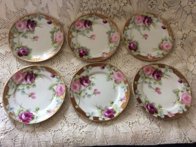NIPPON Hand Painted 飾り皿 薔薇柄 金彩 プレート Set Of 6 Hand-Painted Nippon Pink Rose Floral With Gold 6 1/4