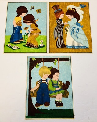 Vintage 1970s Felt Art Hippie Kids Boy & Girl Fabric Squares x3 Ink Marker Art