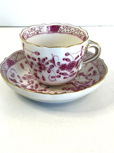 Antique Meissen Demitasse Cup & Saucer Pink Indian Flowers Porcelain Gold Trim - Picture 1 of 7