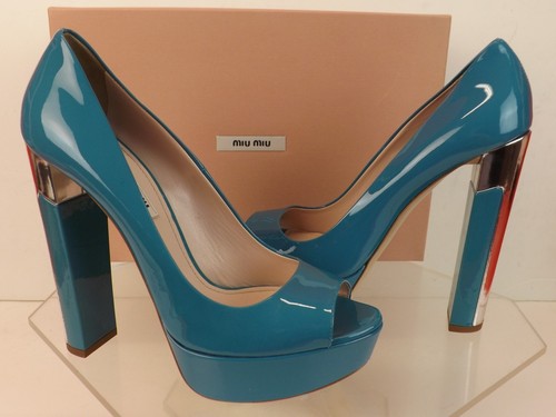 NIB MIU MIU 5KP267 TURQUOISE PATENT LEATHER SILVER HEEL PLATFORM PUMPS 39 - Picture 2 of 12