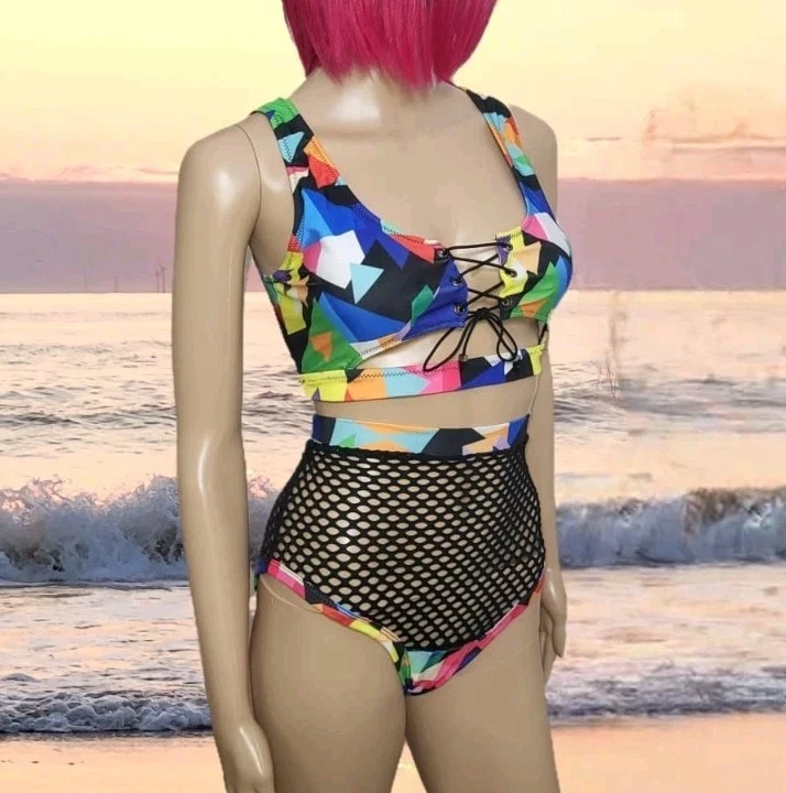 buntes High Waist Bikini Set mit Netzoptik L XL 42 44 hohe taille hose damen neu - Bild 3 von 4