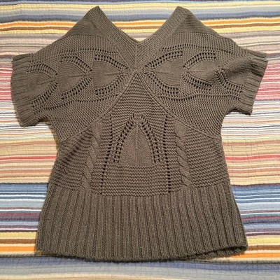 Yessica AT C&A Womens Cable Knit Sweater Brown V Neck Short Sleeve Size L