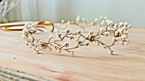 Twigs & Honey Pearl Rhinestone Gold Bridal Hair Vine Wedding Headpiece Tiara