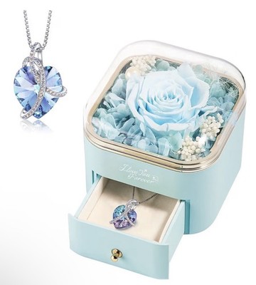 New In Box Light Blue Rose with Heart Necklace Forever Flowers Gift for Women
