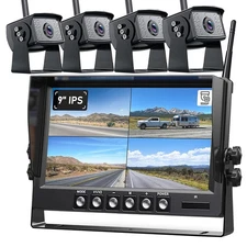 9" DVR Quad Monitor 1080P Wireless RV Backup Camera Reverse for Trailer Truck