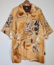 Vintage Y2K Impaq Sports Wear Shirt Mens 2XL XXL Dragon Print Brown Gold