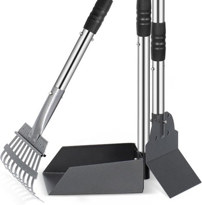 3 X Dog Pooper Scooper Poop Tray and Rake Set Pet Waste Removal With Long Handle