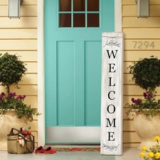 Welcome Sign for Front Porch Standing - Wooden Vertical Hanging Farmhouse White