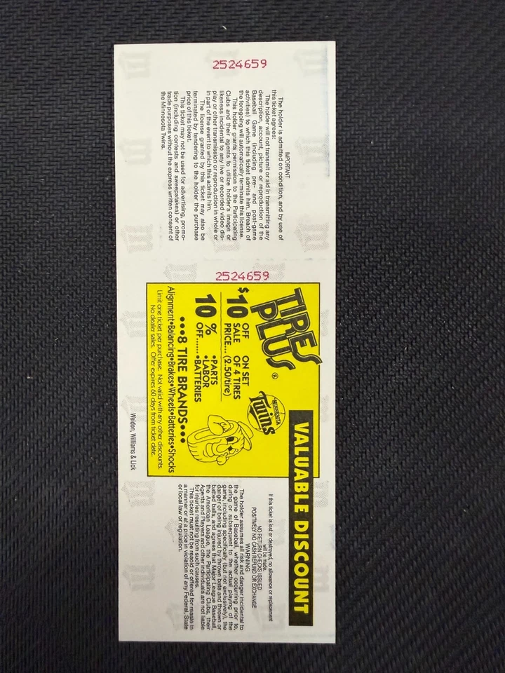 1993 MINNESOTA TWINS VS OAKLAND ATHLETICS VINTAGE TICKET STUB - Image 2 of 2